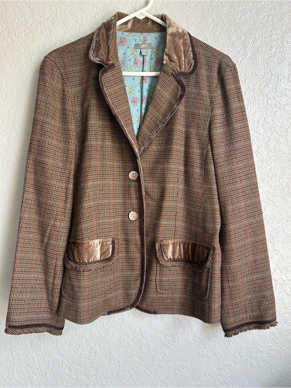 J.Jill brown plaid velvet trim blazer jacket size 12 stretch